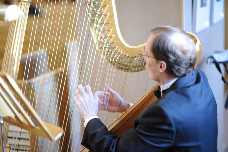 An orchestra member playing the harp