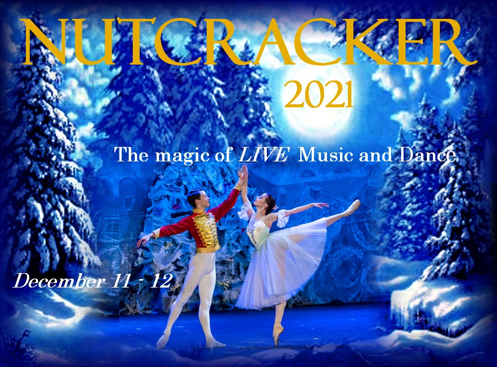 Nutcracker poster of two ballet dancers in front of a backdrop of a snowy forest.